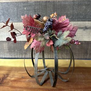 Metal Pumpkin With Fall Leaves On Top 9” Tall